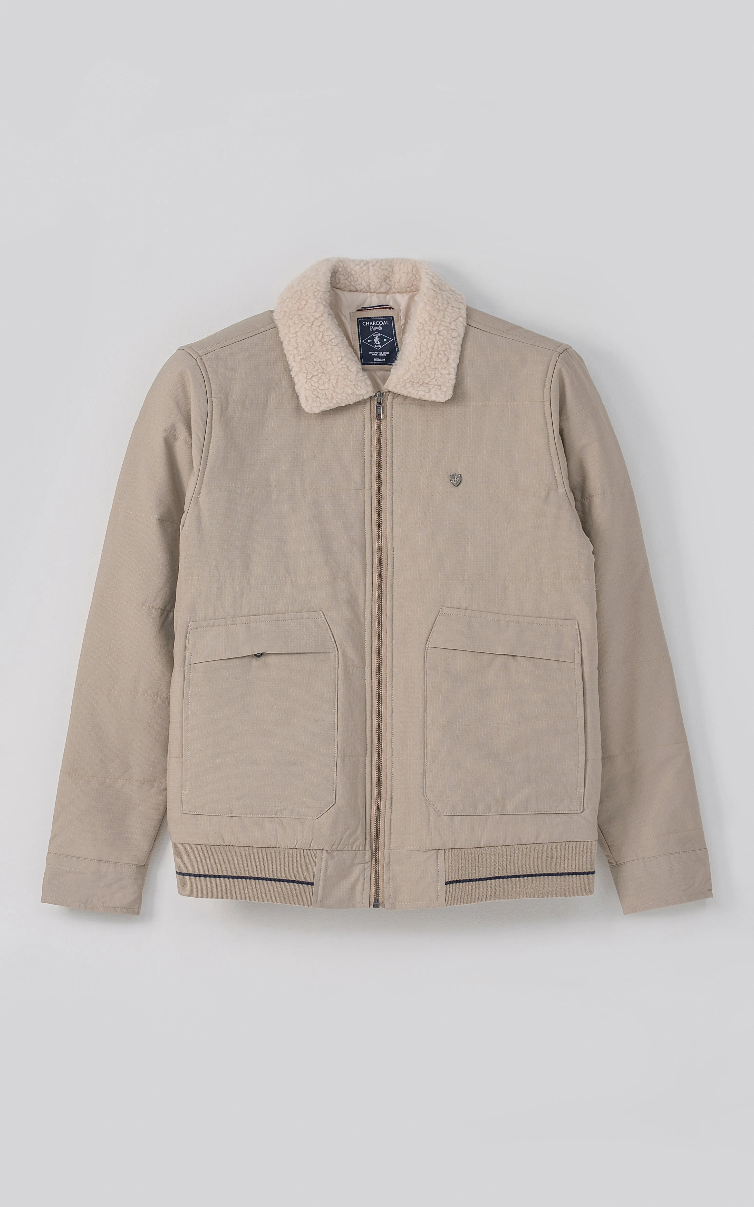 FAUX COLLAR F/S QUILTED JACKET LIGHT KHAKI