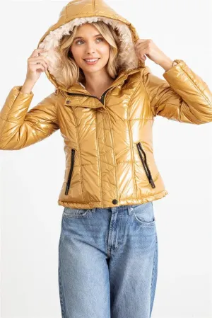 Gold Long Sleeve Fuzzy Faux Fur Hood Padded Jacket /1-1-1-1