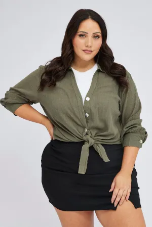 Green Relaxed Shirt Long Sleeve V-neck