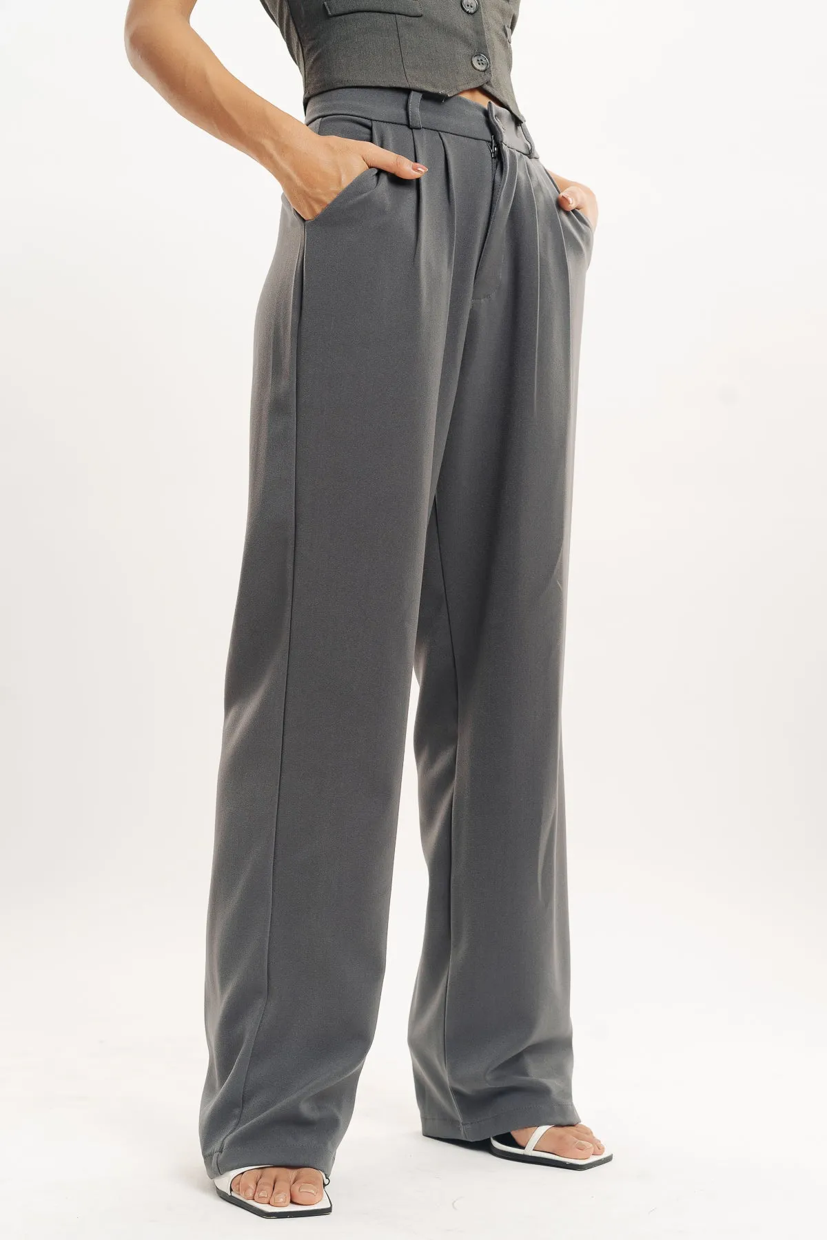 Grey Pleated Straight Fit Korean Pant