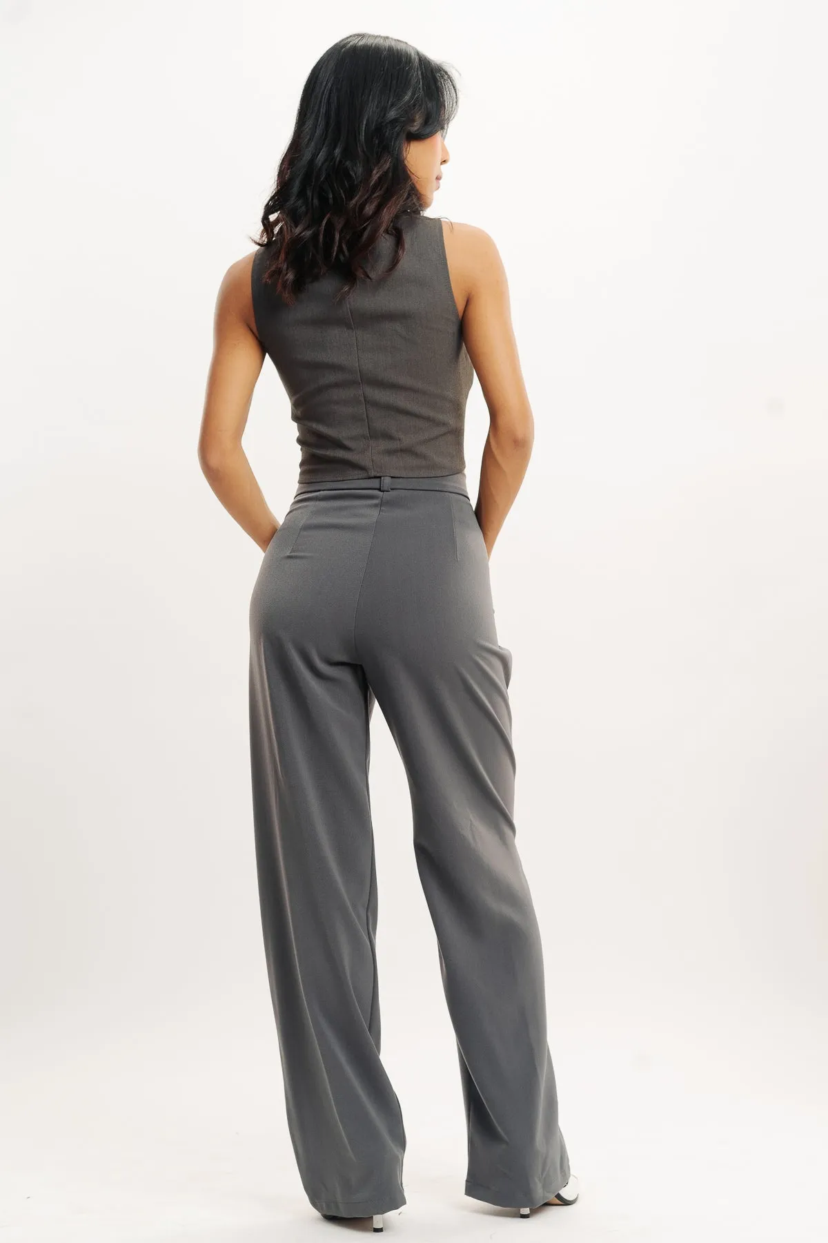 Grey Pleated Straight Fit Korean Pant