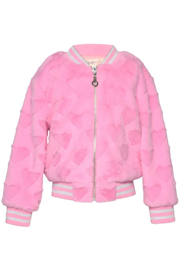 Heart Embossed Faux Fur Bomber Jacket