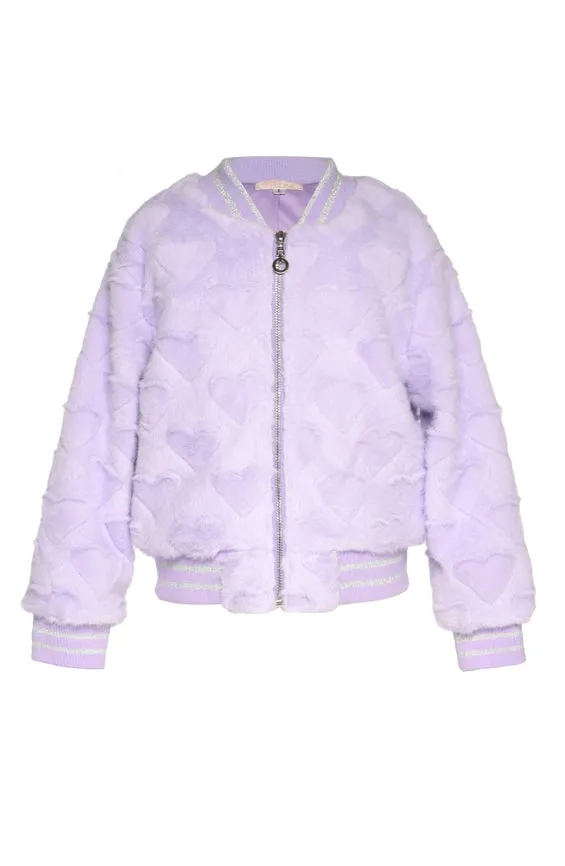 Heart Embossed Faux Fur Bomber Jacket