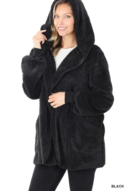 Hooded Faux Fur Wrap Teddy Jacket With Pockets