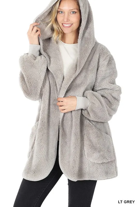 Hooded Faux Fur Wrap Teddy Jacket With Pockets