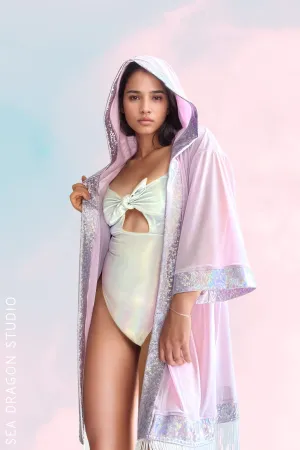 Hooded Mesh & Holo Kimono with Fringe