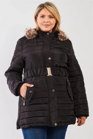 Junior Plus Black Diamond Quilt Faux Fur Hood Belted Padded Long Puffer Jacket /1-1-1-1