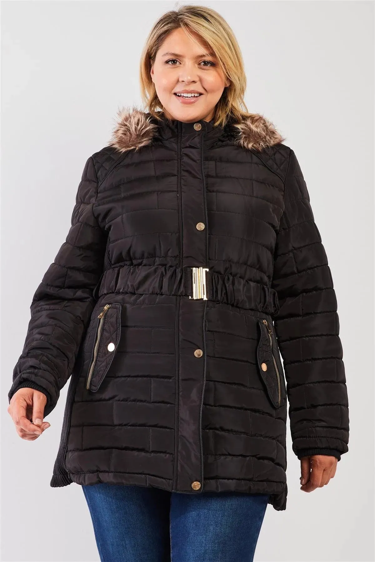 Junior Plus Black Diamond Quilt Faux Fur Hood Belted Padded Long Puffer Jacket /1-1-1-1