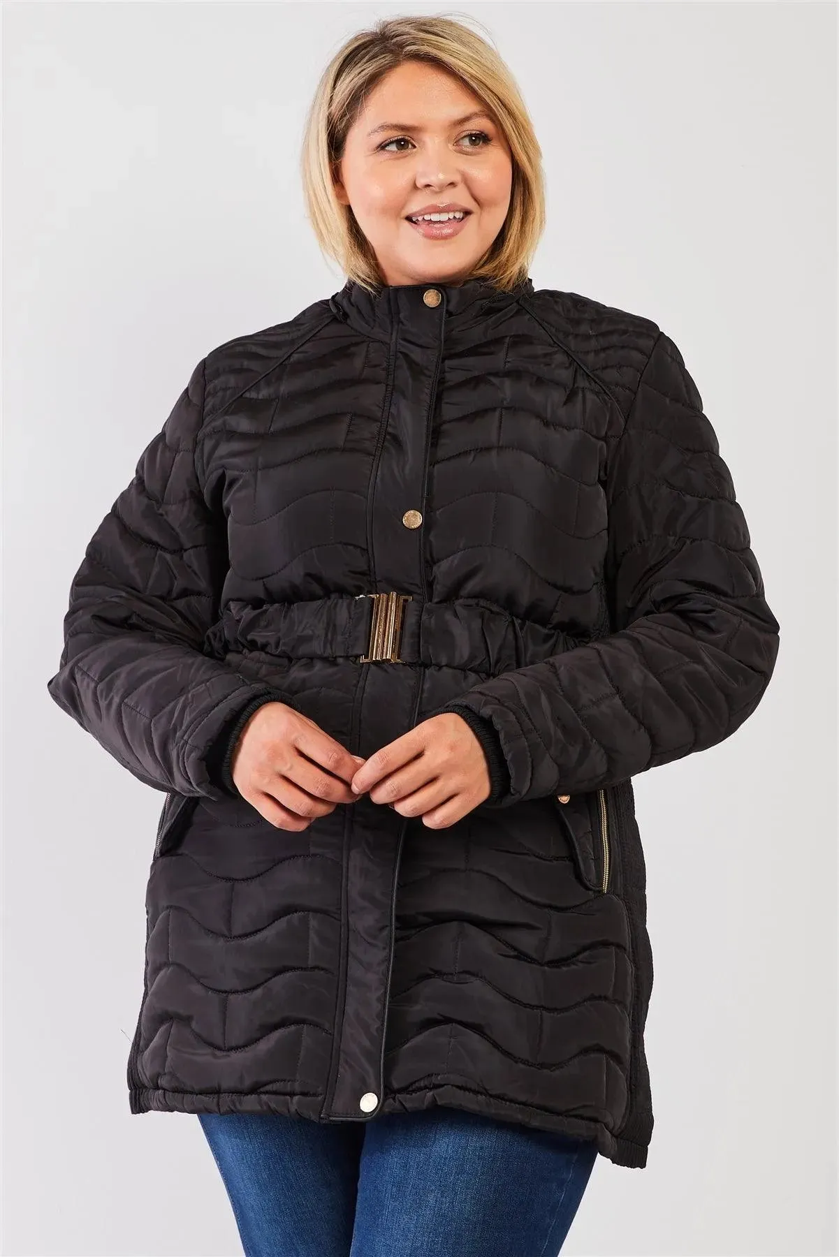 Junior Plus Black Wavy Brick Quilt Faux Fur Hood Belted Padded Long Puffer Jacket