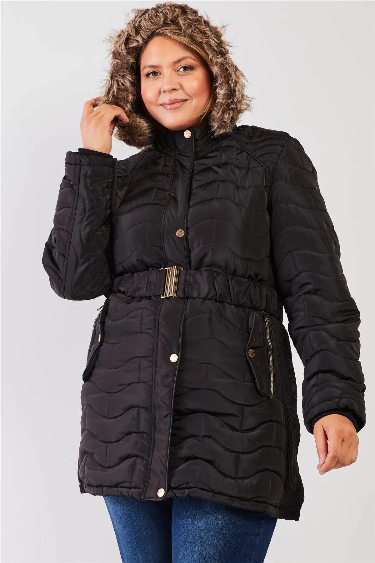 Junior Plus Black Wavy Brick Quilt Faux Fur Hood Belted Padded Long Puffer Jacket