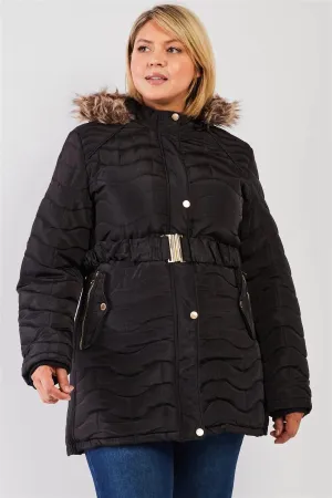 Junior Plus Black Wavy Brick Quilt Faux Fur Hood Belted Padded Long Puffer Jacket