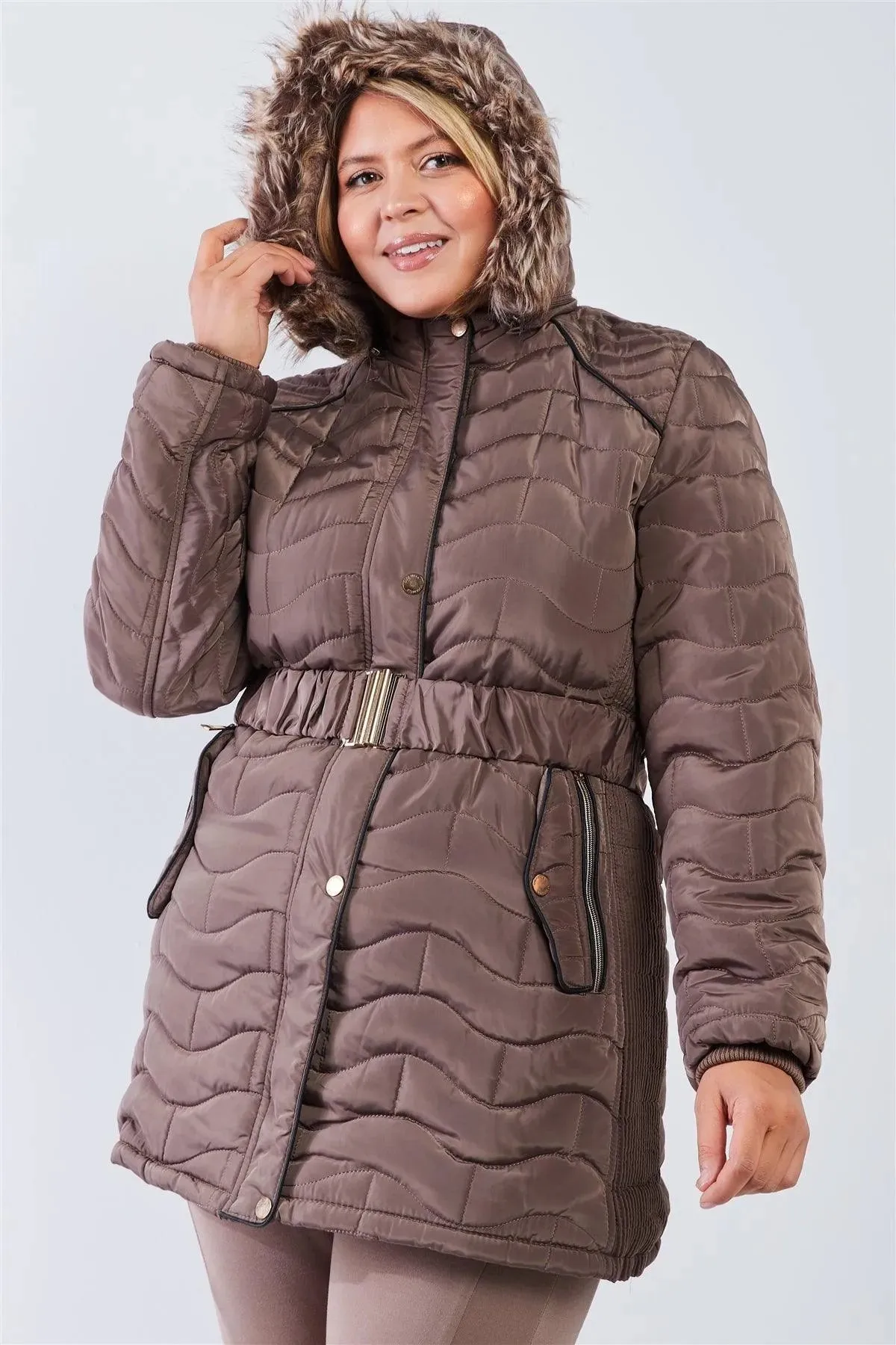 Junior Plus Brown Wavy Brick Quilt Faux Fur Hood Belted Padded Long Puffer Jacket /1-1-1-1