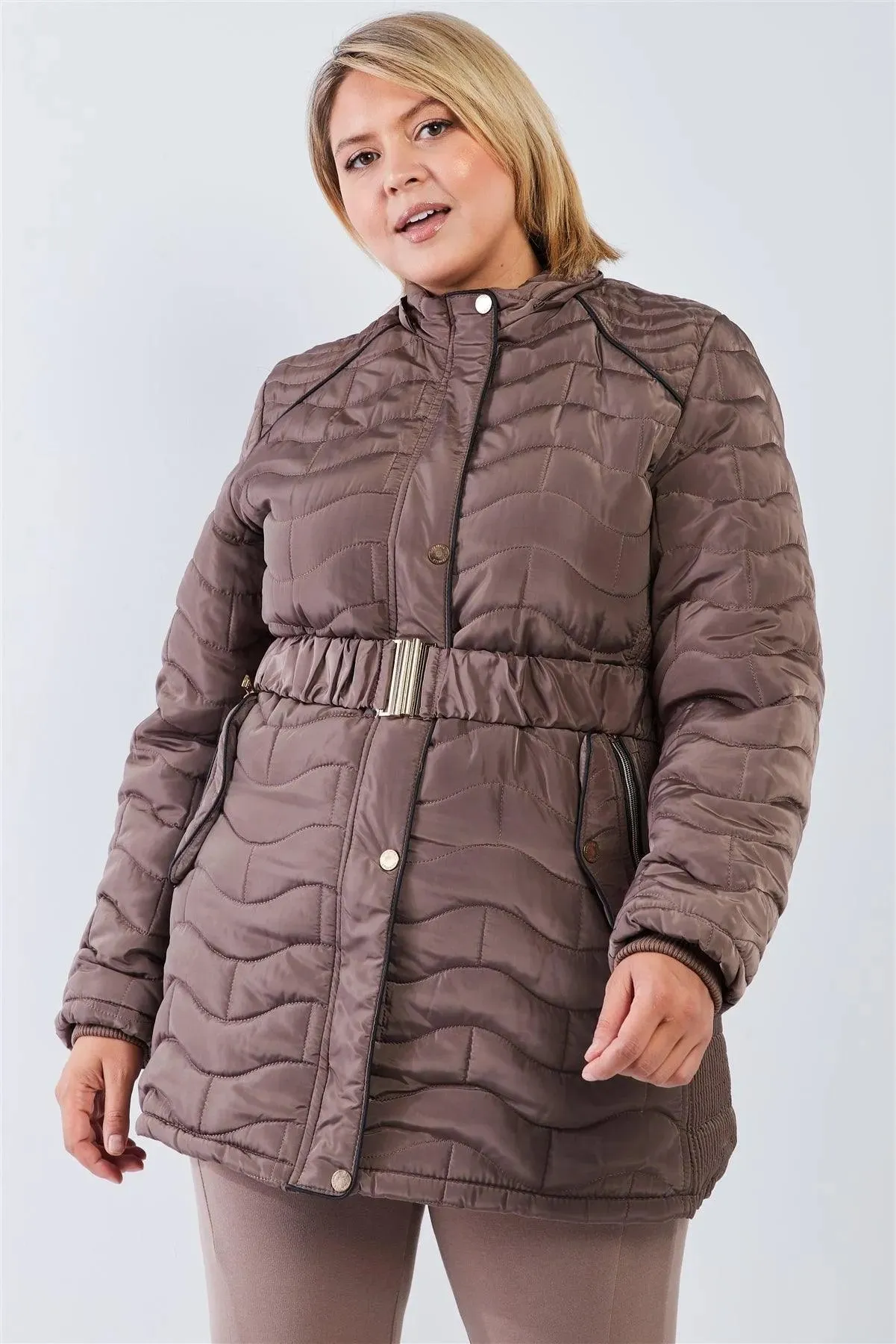 Junior Plus Brown Wavy Brick Quilt Faux Fur Hood Belted Padded Long Puffer Jacket /1-1-1-1