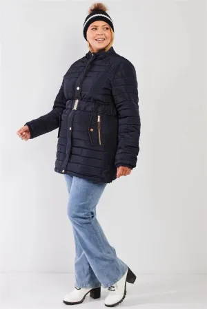 Junior Plus Navy Diamond Quilt Faux Fur Hood Belted Padded Long Puffer Jacket /3-2-1