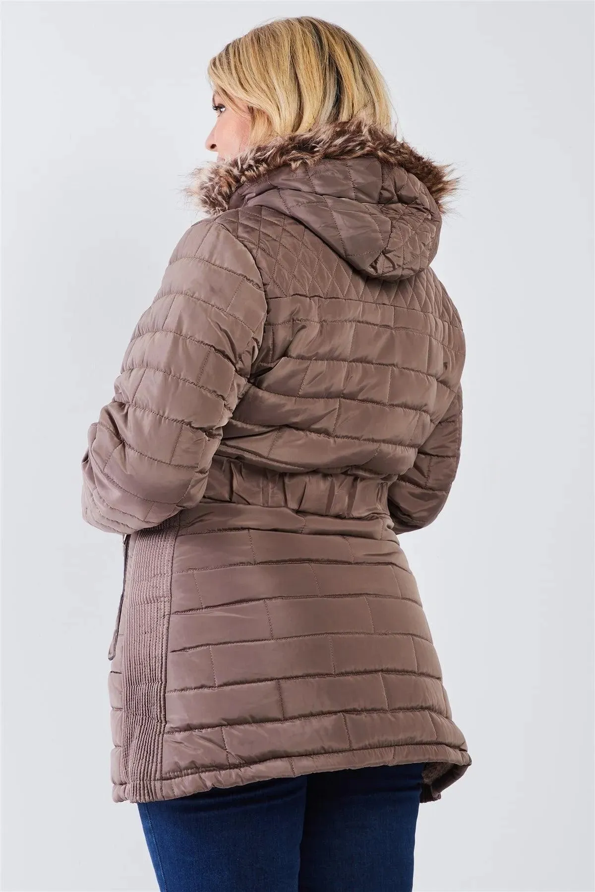 Junior Plus Taupe Brown Diamond Quilt Faux Fur Hood Belted Padded Long Puffer Jacket