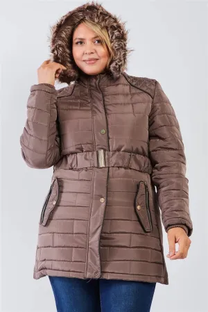 Junior Plus Taupe Brown Diamond Quilt Faux Fur Hood Belted Padded Long Puffer Jacket