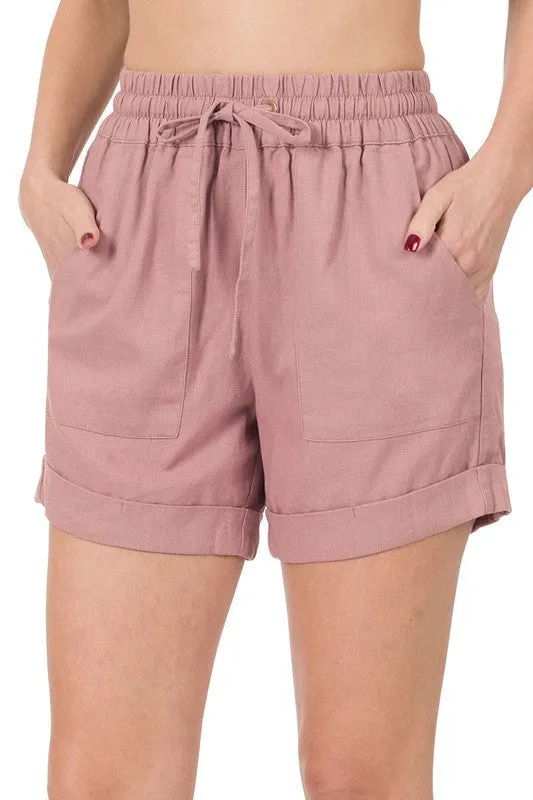 Linen Drawstring-Waist Shorts with Pockets