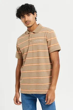 Men Beige Stripe Polo Shirt