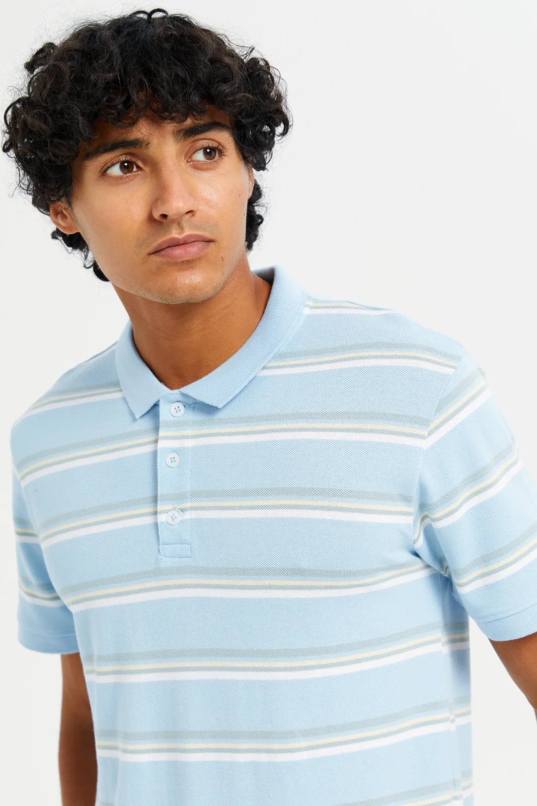 Men Blue Striped Polo Shirt