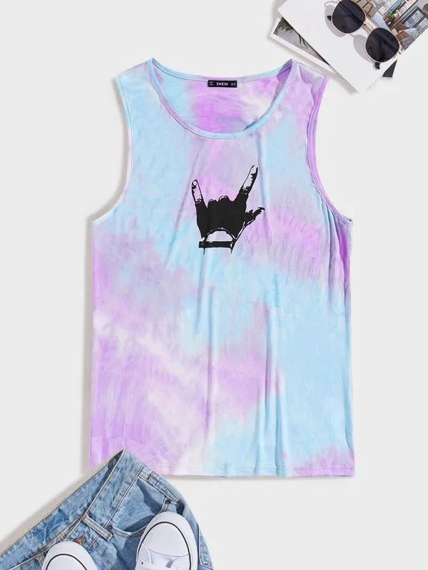 Men Gesture Print Tie Dye Tank Top