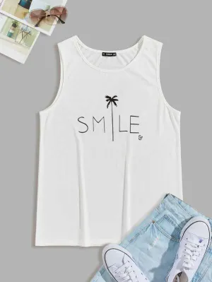 Men Letter & Coconut Tree Print Tank Top