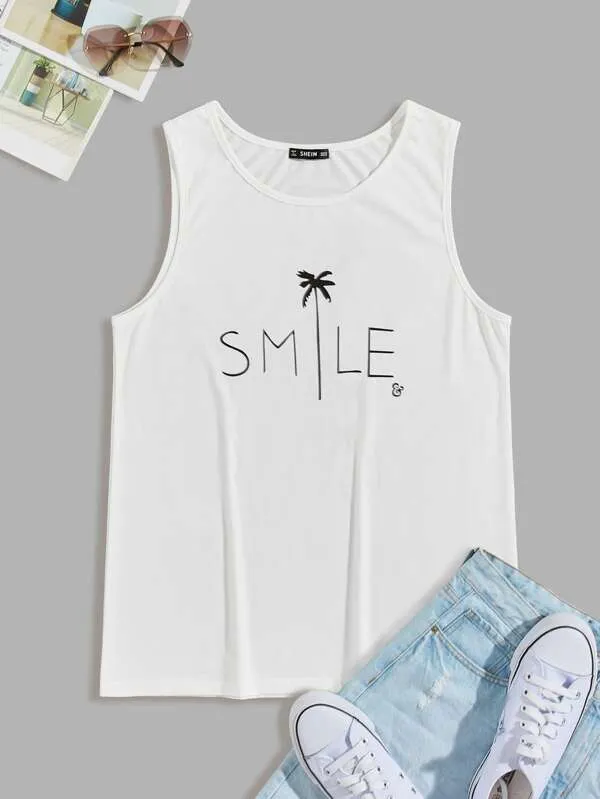 Men Letter & Coconut Tree Print Tank Top