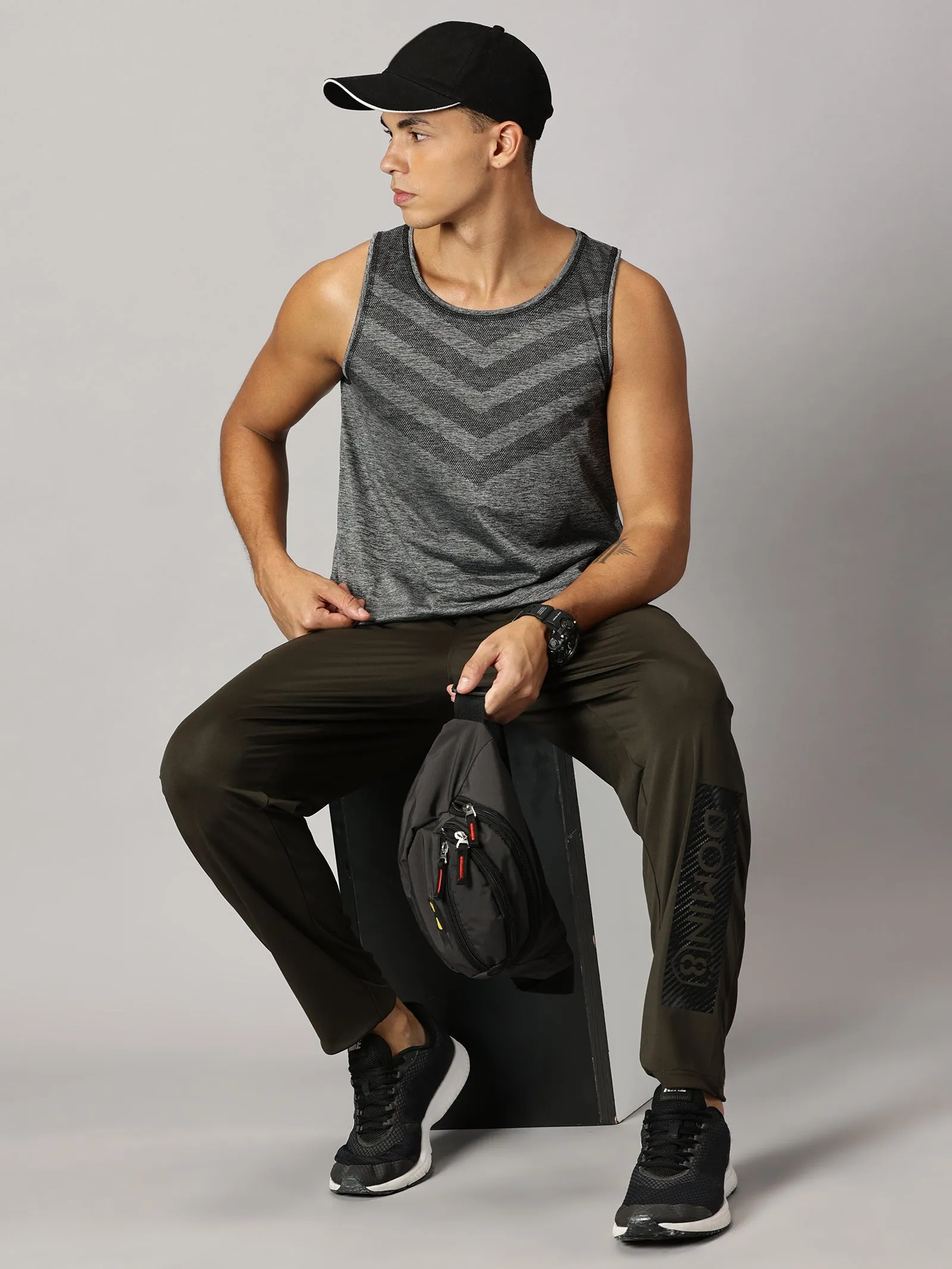 Men Slim Fit Round Neck Sleeveless Tank Top With arrow print at chest (Dark Grey)