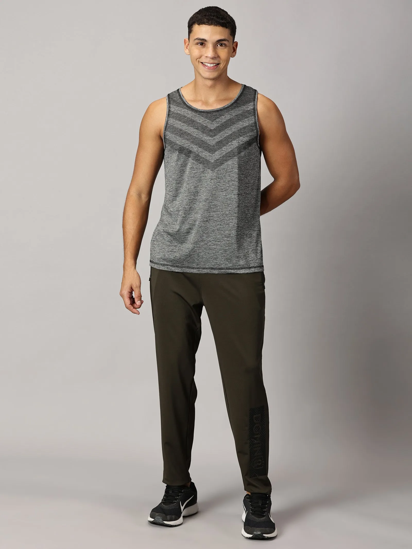 Men Slim Fit Round Neck Sleeveless Tank Top With arrow print at chest (Dark Grey)