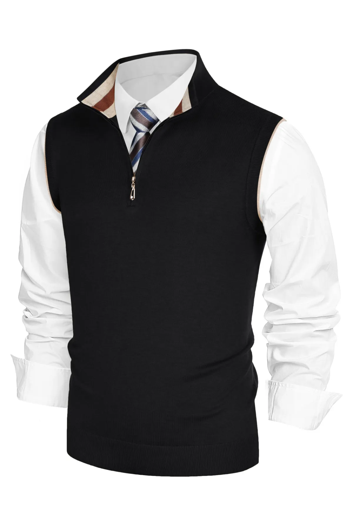 Men Stand Collar Sweater Vest Sleeveless Zip-up Neck Pullover Knitwear