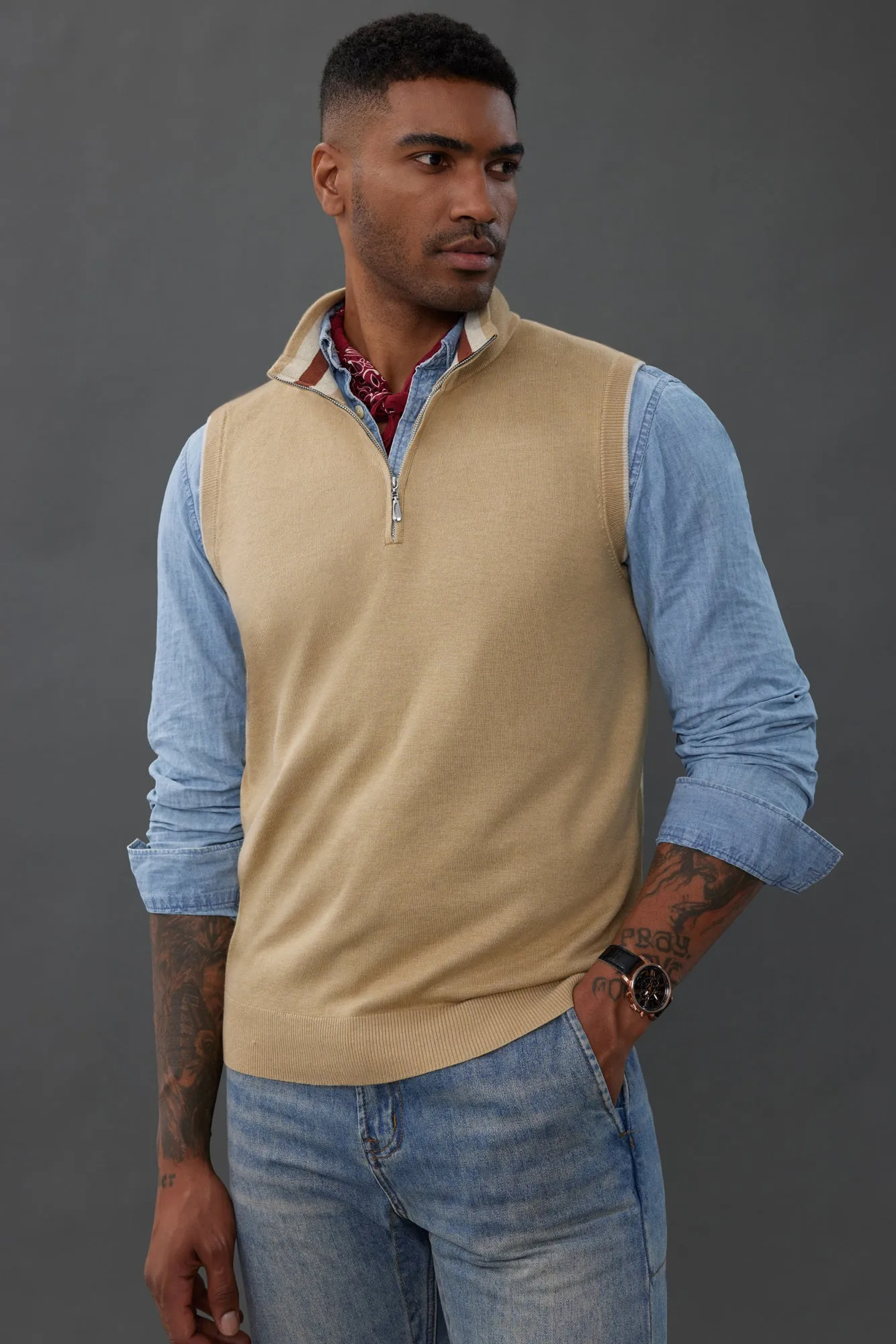 Men Stand Collar Sweater Vest Sleeveless Zip-up Neck Pullover Knitwear