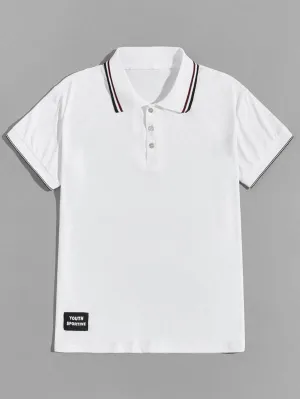 Men Stripe Trim Patched Polo Shirt