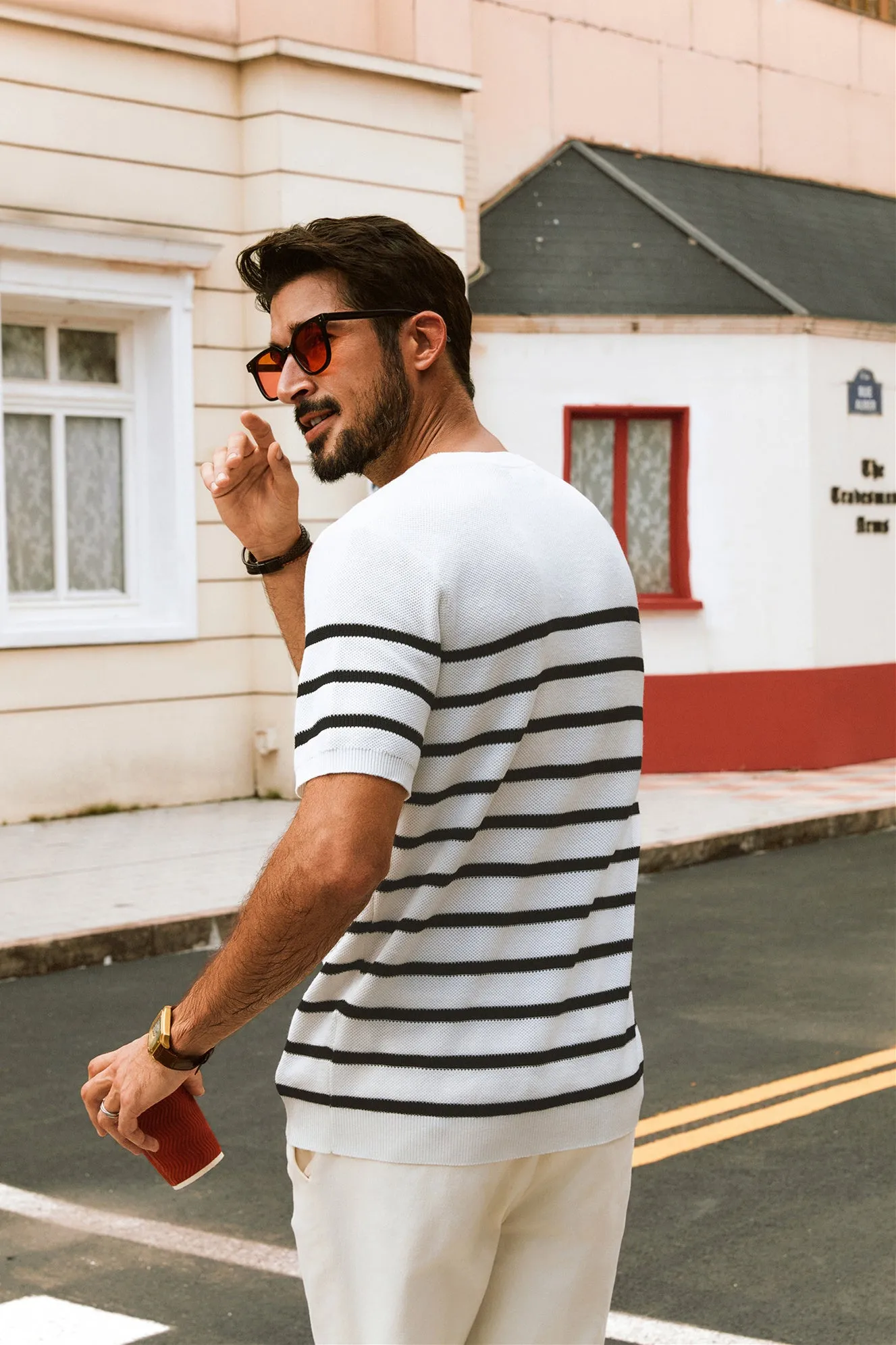 Men Striped Knitted T-Shirt Short Sleeve Crew Neck Ribbed Cuff Knitwear Tops