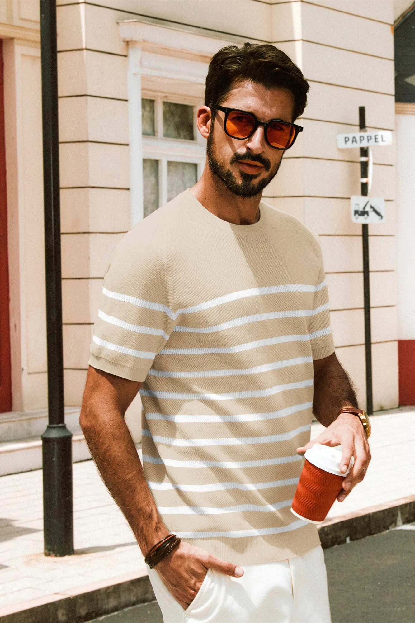 Men Striped Knitted T-Shirt Short Sleeve Crew Neck Ribbed Cuff Knitwear Tops