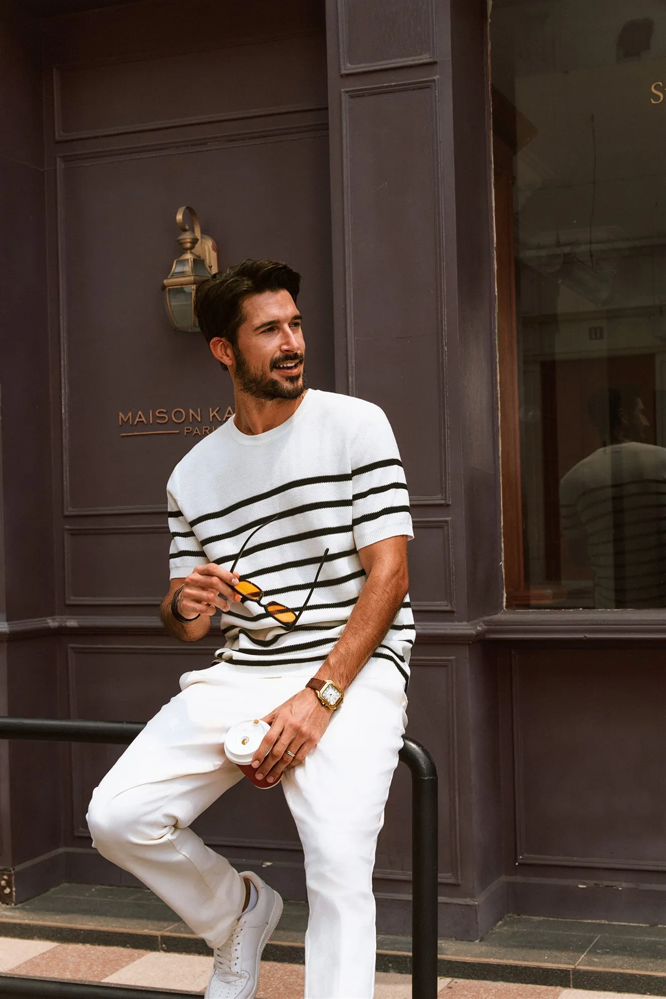 Men Striped Knitted T-Shirt Short Sleeve Crew Neck Ribbed Cuff Knitwear Tops