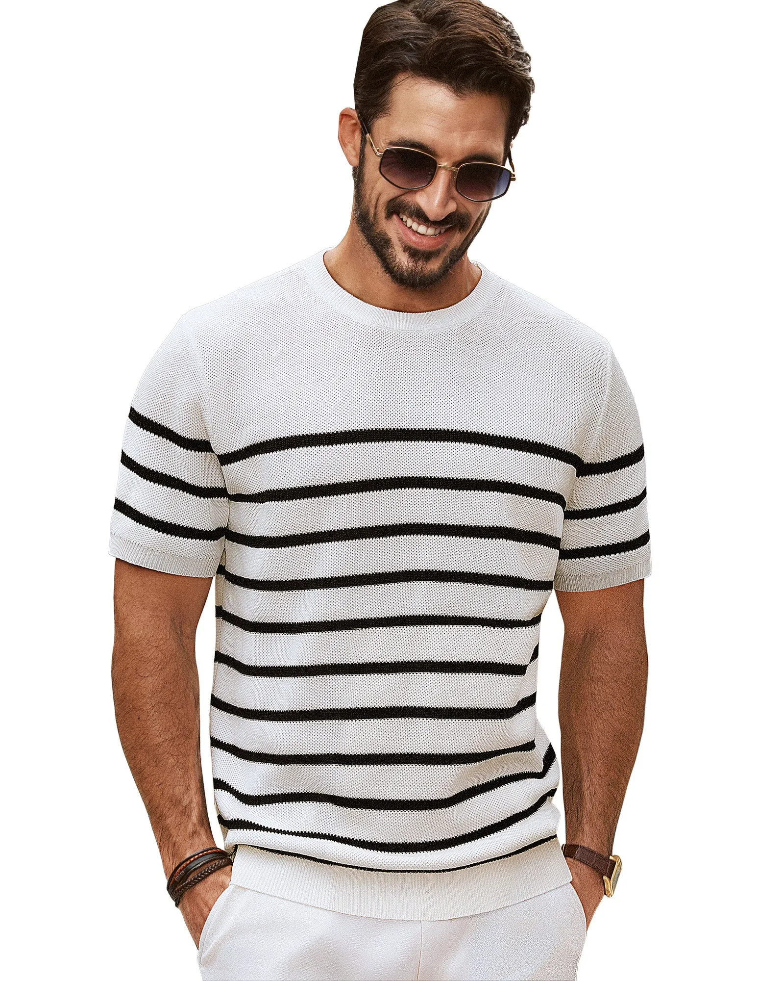 Men Striped Knitted T-Shirt Short Sleeve Crew Neck Ribbed Cuff Knitwear Tops