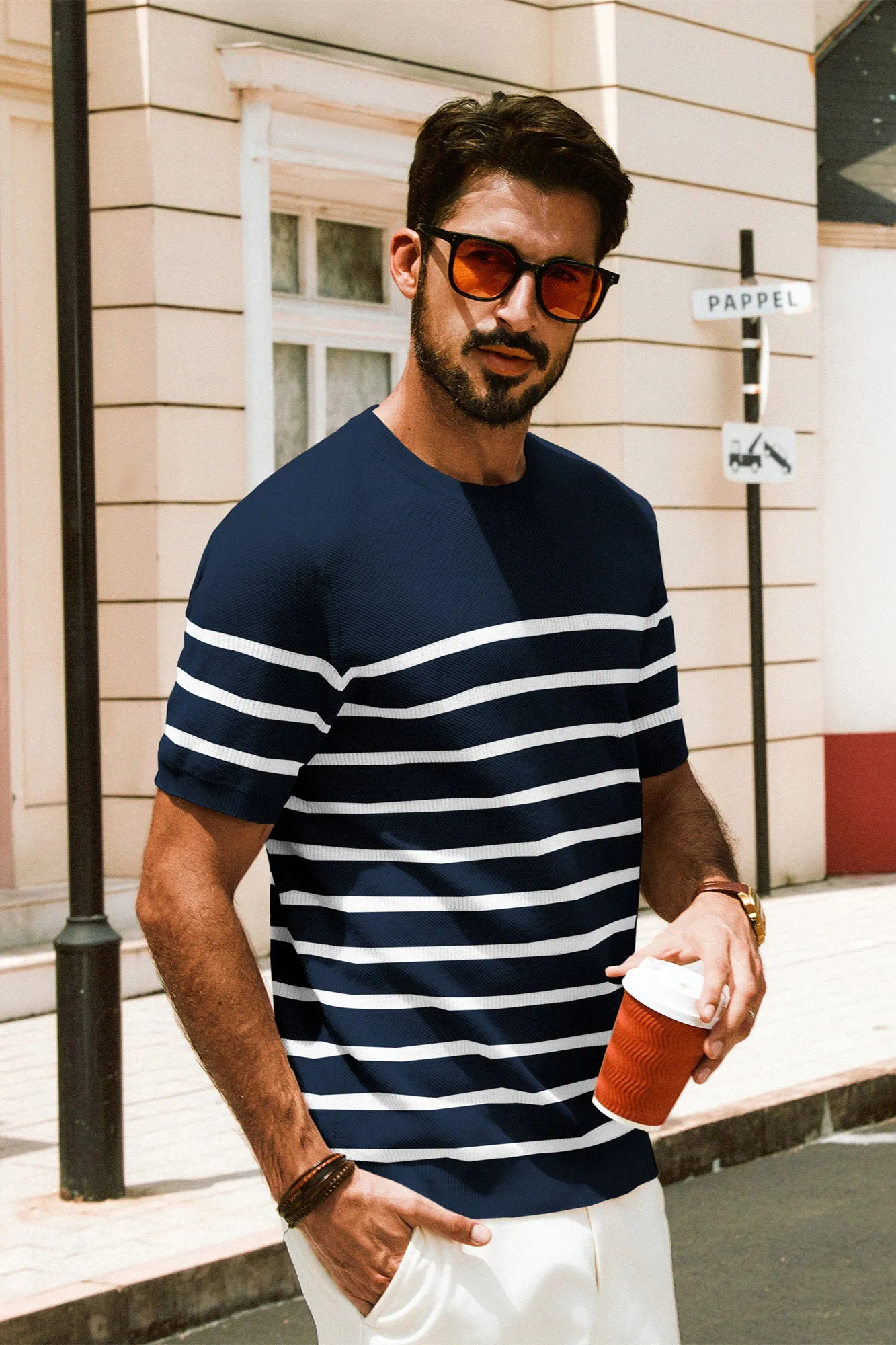 Men Striped Knitted T-Shirt Short Sleeve Crew Neck Ribbed Cuff Knitwear Tops