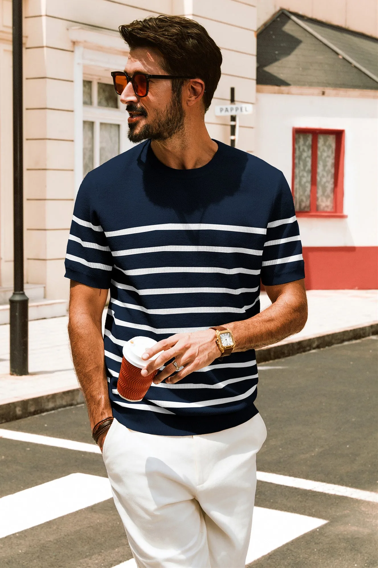 Men Striped Knitted T-Shirt Short Sleeve Crew Neck Ribbed Cuff Knitwear Tops