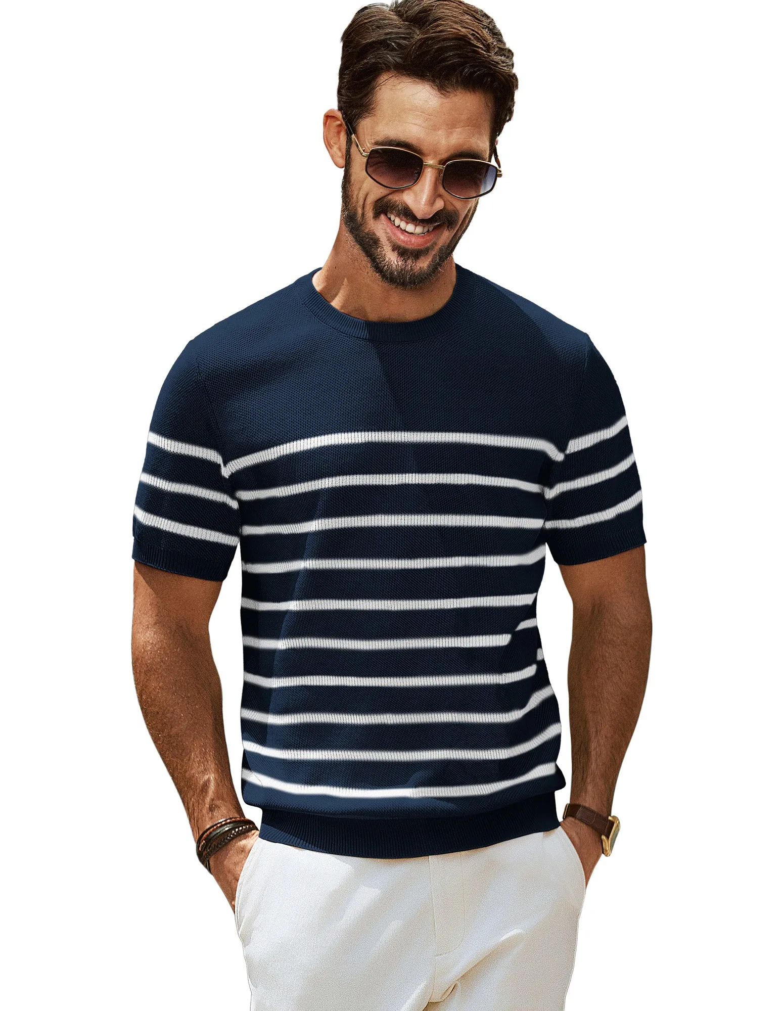 Men Striped Knitted T-Shirt Short Sleeve Crew Neck Ribbed Cuff Knitwear Tops