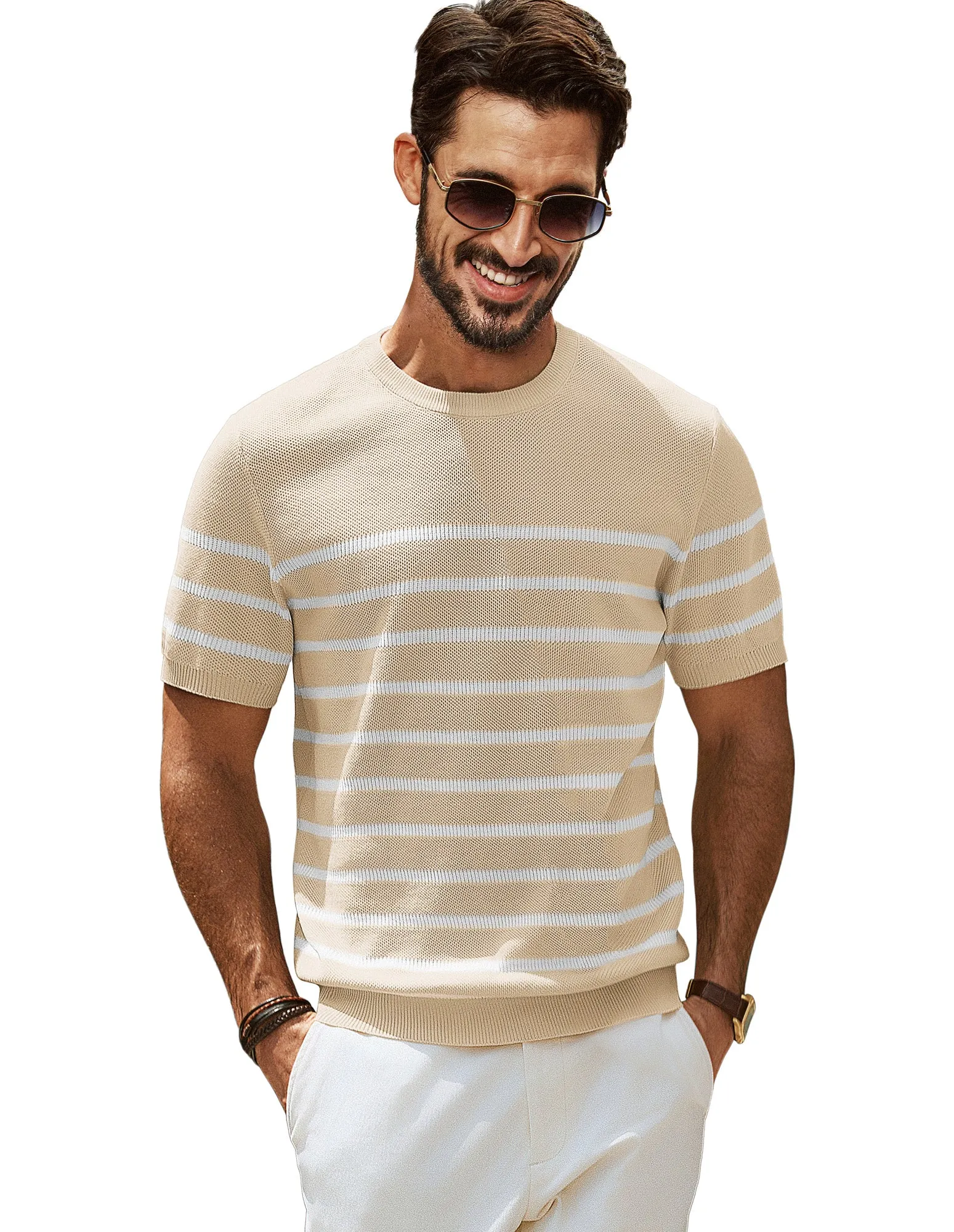 Men Striped Knitted T-Shirt Short Sleeve Crew Neck Ribbed Cuff Knitwear Tops