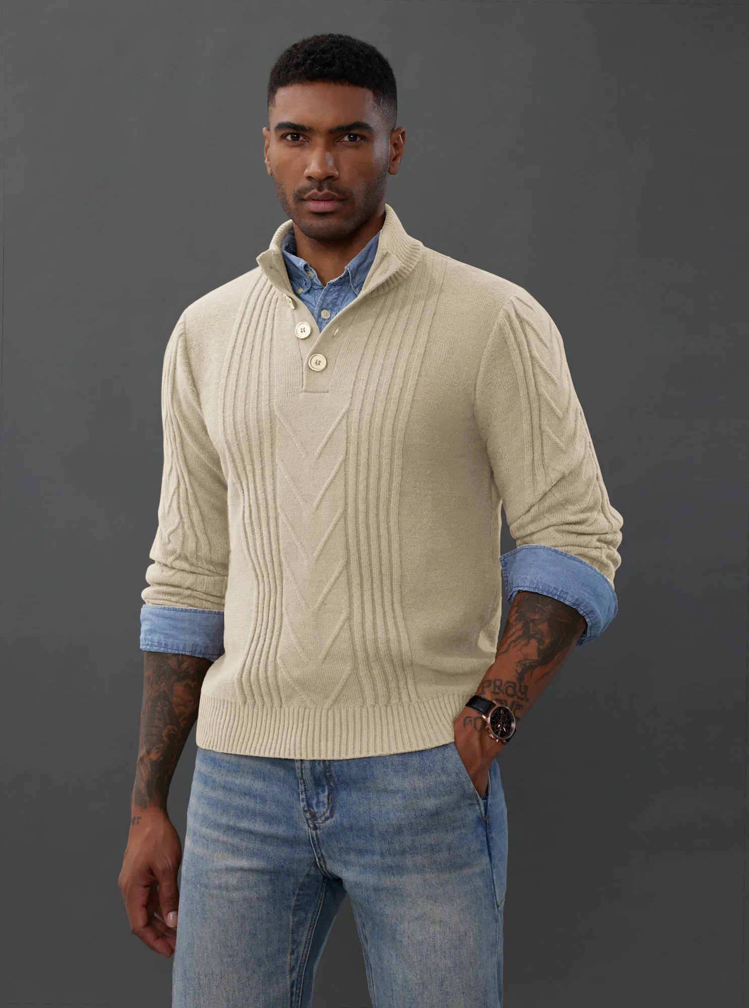 Men's Cable Knit Henley Pullover Sweater Thermal Jumper Sweaters