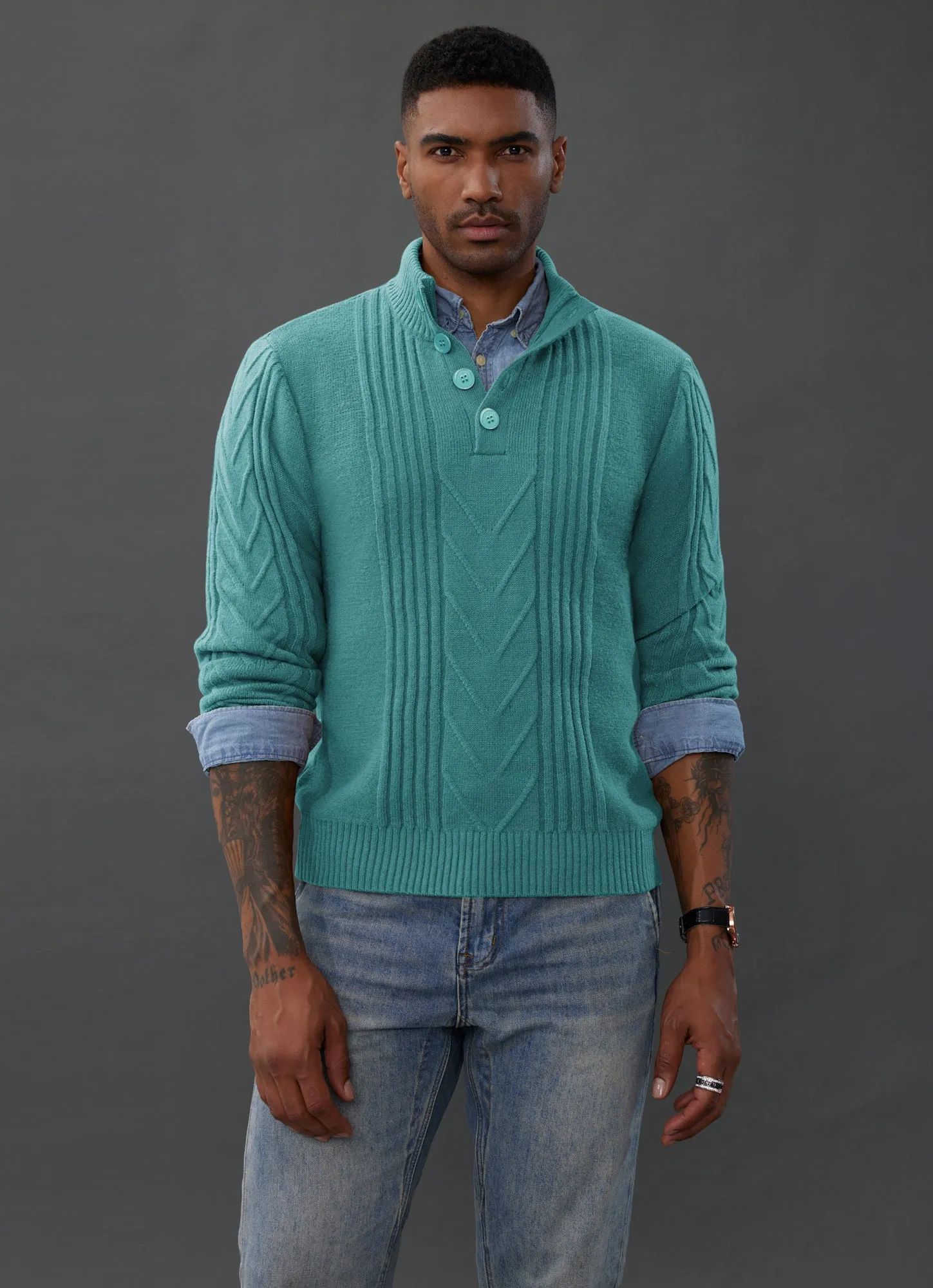 Men's Cable Knit Henley Pullover Sweater Thermal Jumper Sweaters