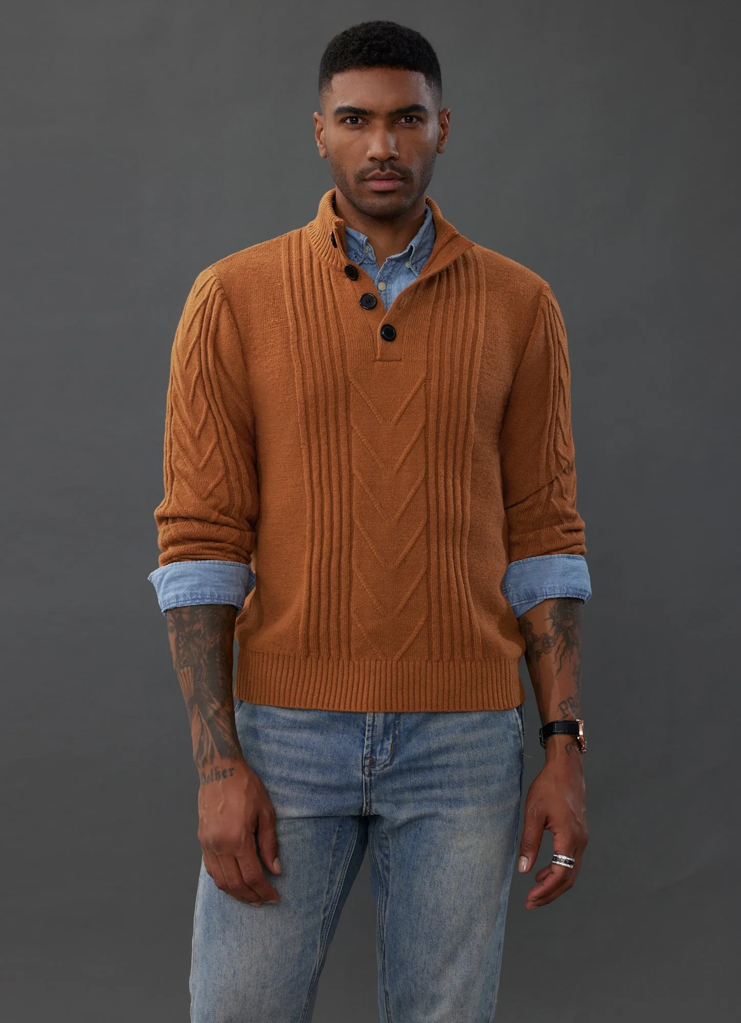 Men's Cable Knit Henley Pullover Sweater Thermal Jumper Sweaters