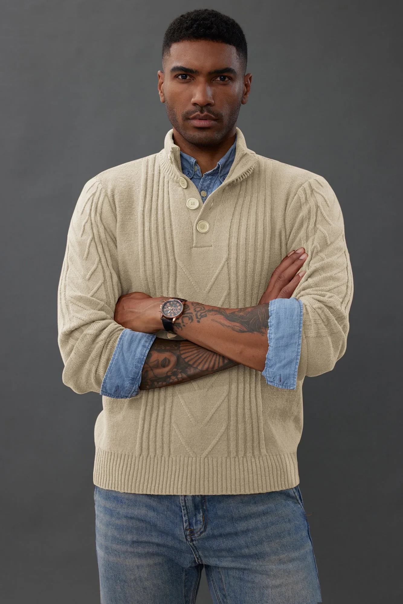 Men's Cable Knit Henley Pullover Sweater Thermal Jumper Sweaters