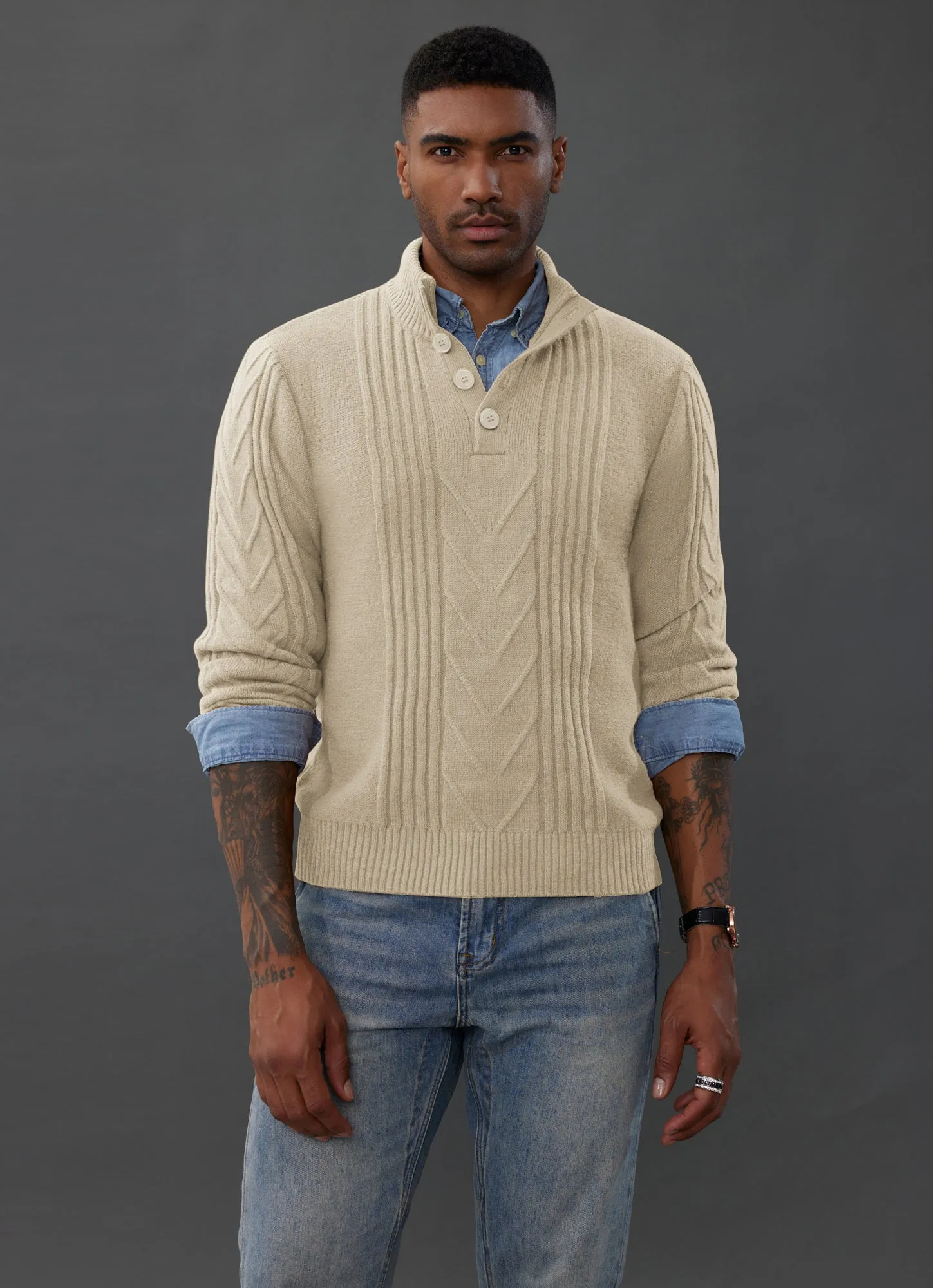 Men's Cable Knit Henley Pullover Sweater Thermal Jumper Sweaters