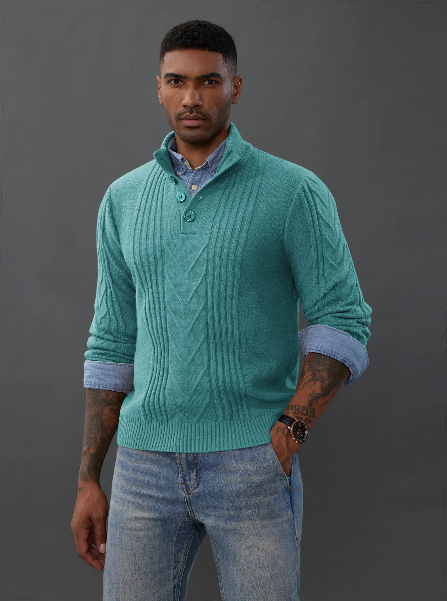 Men's Cable Knit Henley Pullover Sweater Thermal Jumper Sweaters