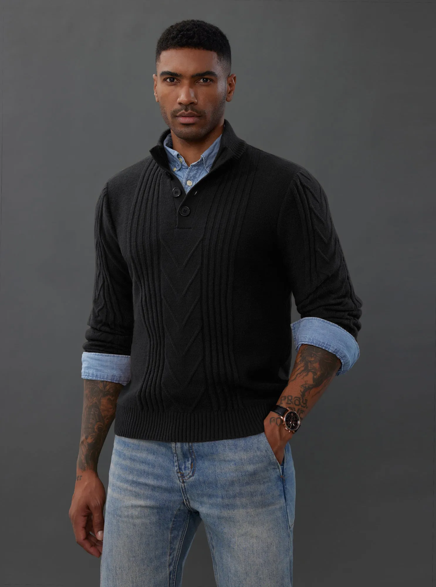 Men's Cable Knit Henley Pullover Sweater Thermal Jumper Sweaters