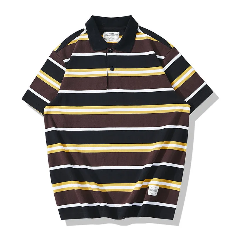 Men's Casual Retro Lapel Thick Striped Short Sleeve POLO Shirt