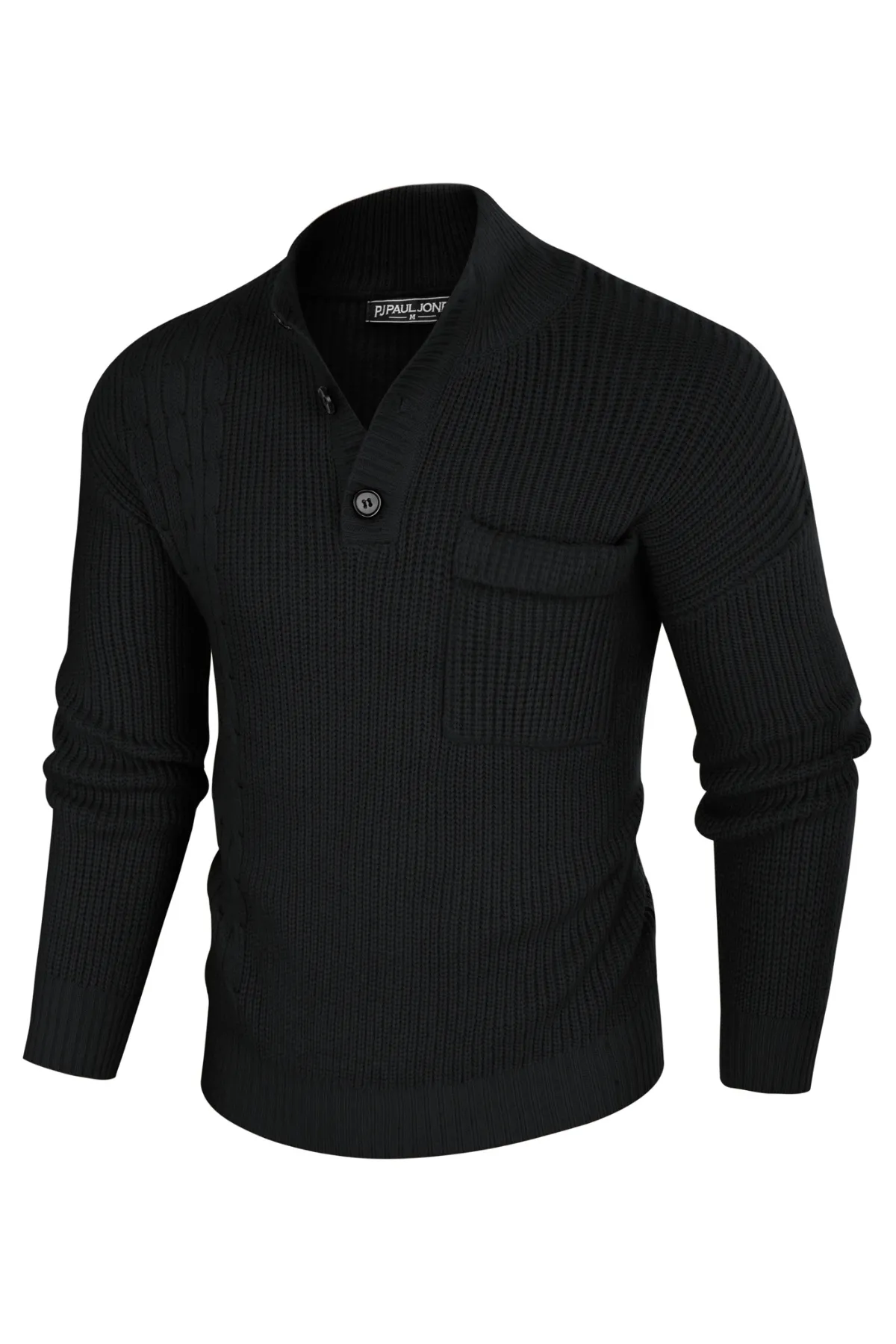 Men's Quarter Button Sweater Stand Collar Knitted Pullover Henley Sweater with Pocket