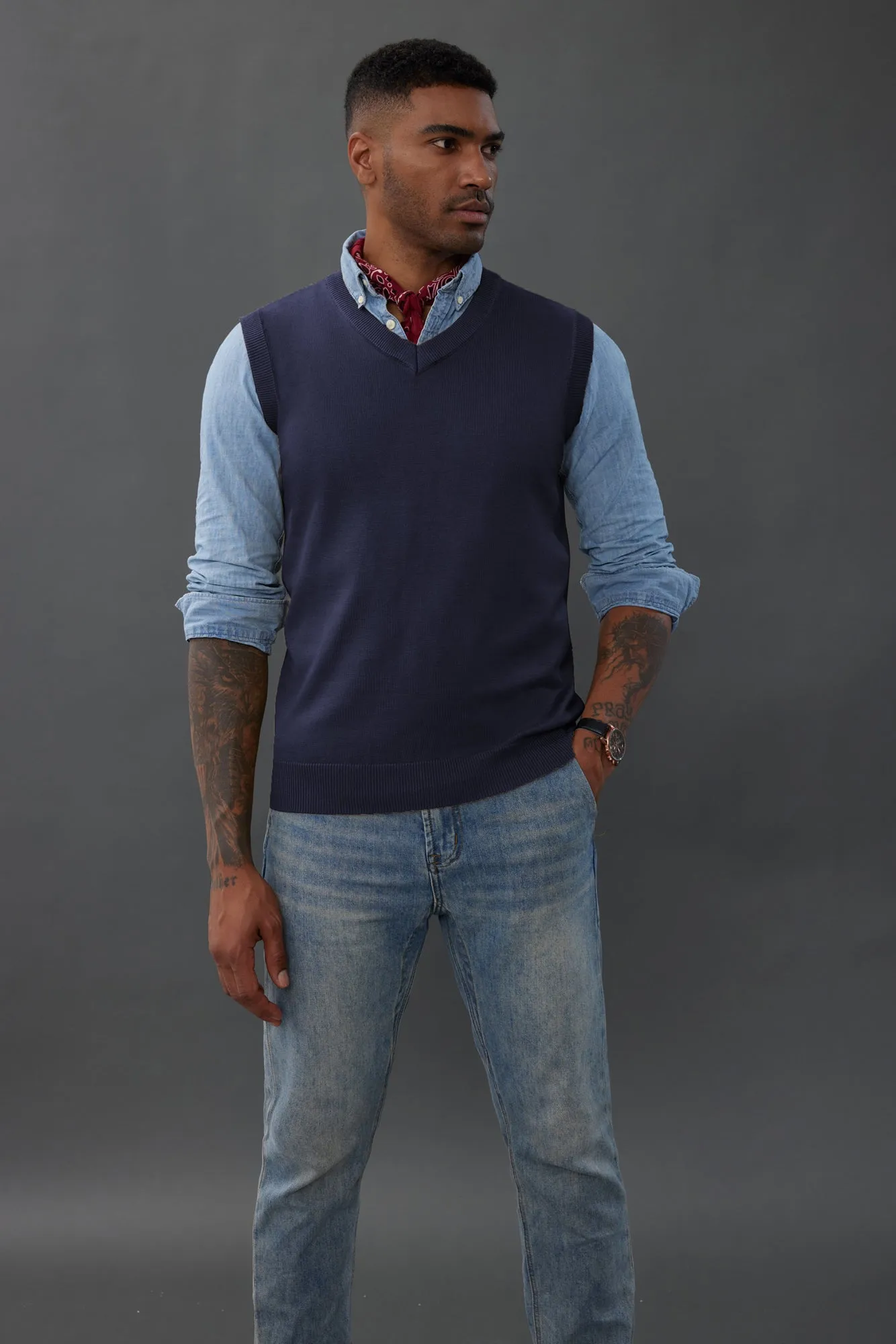 Mens V-Neck Knitted Sweater Vest Solid Plain Sleeveless Pullover Knitwear