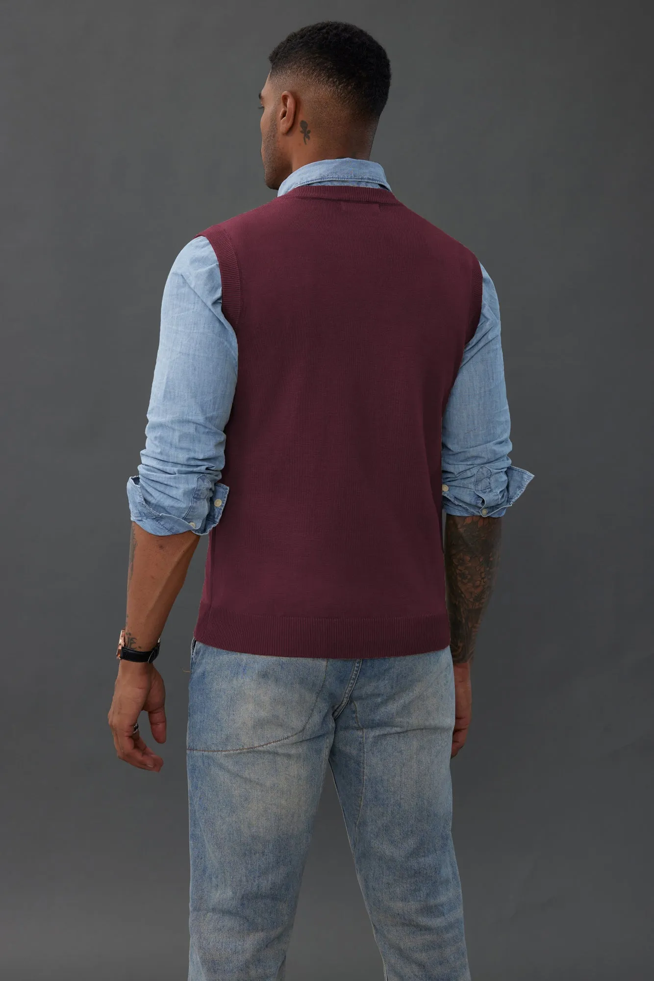 Mens V-Neck Knitted Sweater Vest Solid Plain Sleeveless Pullover Knitwear